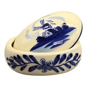 Hand-Painted Delft Blue & White Ceramic Trinket Box with Windmill Design
